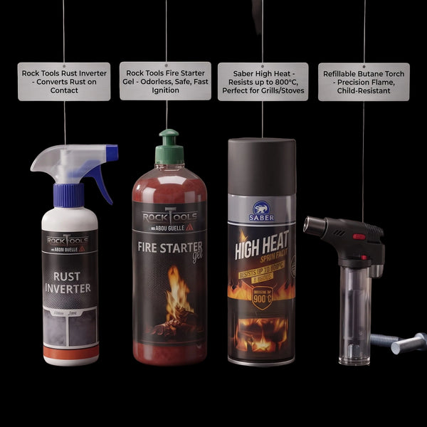 A product lineup for the Abou Chesle Revival Kit on a dark tabletop with a dark gray background. The kit includes a Rock Tools Rust Inverter spray bottle, a Rock Tools Fire Starter gel bottle, a Saber High Heat spray can, and a Refillable Butane Torch, with text callouts pointing to each item.