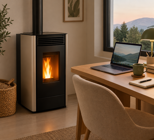 Modern black smart pellet stove with digital computer control panel in a warm living room interior, by Abou Che3le Lebanon